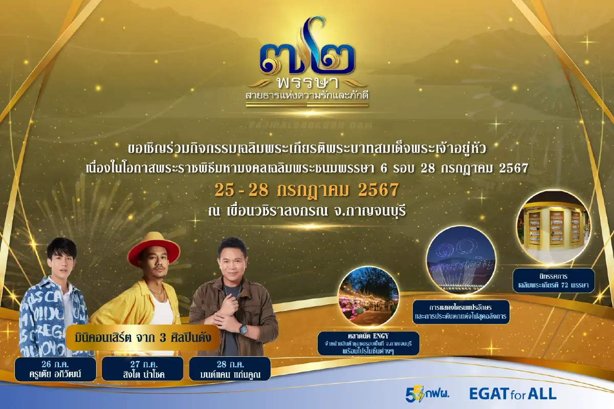 กฟผ. ชวนร่วมกิจกรรมเฉลิมพระเกียรติฯ ณ เขื่อนวชิราลงกรณ วันที่ 25 – 28 ก.ค. นี้