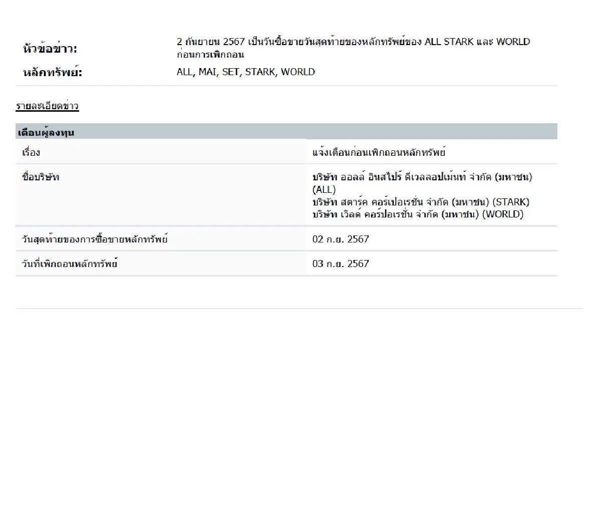 เตือน! "ALL-STARK-WORLD" วันนี้เทรดวันสุดท้ายก่อนออกจากตลาดหุ้น