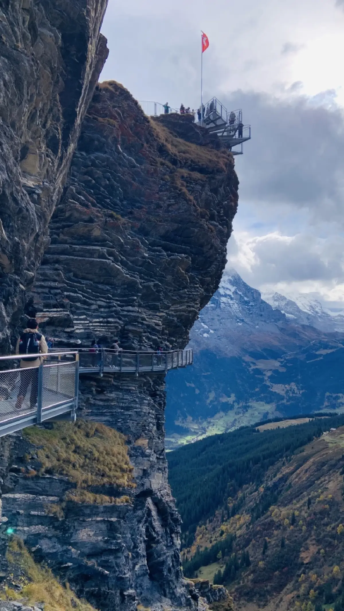 เฟียสคลิฟฟ์วอล์ค บนกรินเดิลวาลด์เฟียส ทางเดินเลียบหน้าผา กับวิวทิวทัศน์แบบพานอรามาของเทือกเขาแอลป์