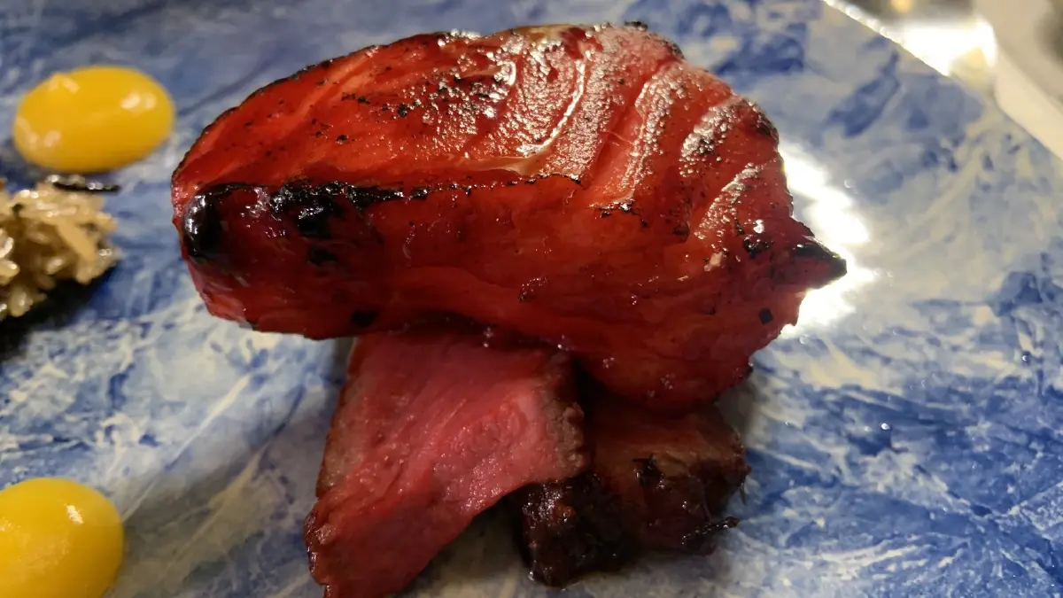 charsui black cod, hijiki sticky rice, yellow chilli gel 