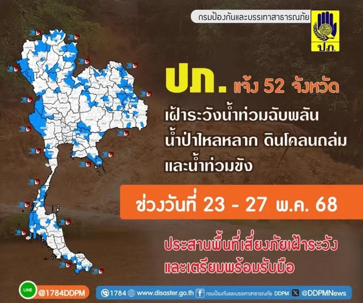 ปภ. เตือน 52 จังหวัด ระวังน้ำท่วมฉับพลัน-ดินถล่ม 23-27 พ.ค.นี้