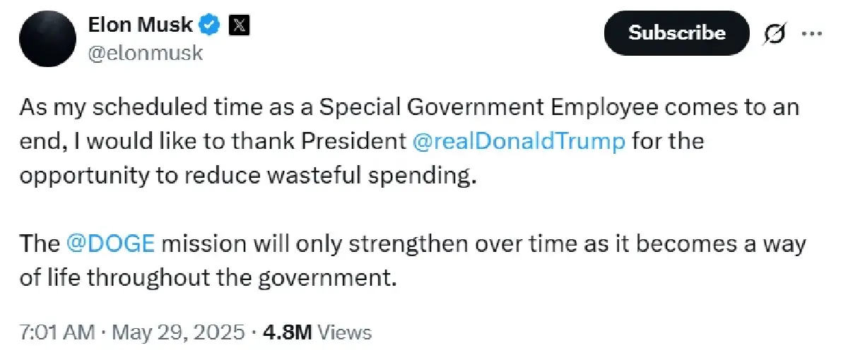 อีลอน มัสก์ โบกมือลาทำเนียบขาว! สิ้นสุดบทบาทในรัฐบาลทรัมป์