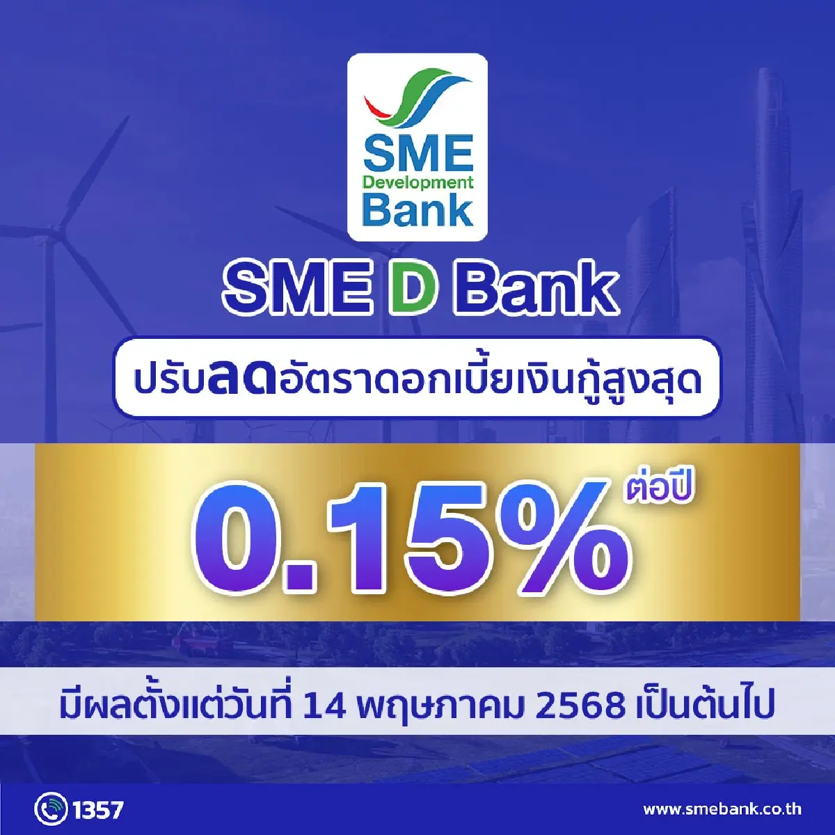 SME D Bank ลดดอกเบี้ยเงินกู้สูงสุด 0.15% อุ้ม SME มีผล 14 พ.ค.68