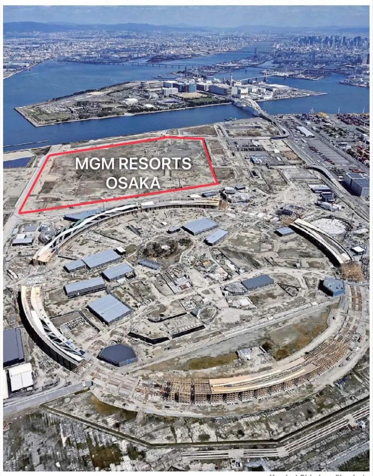 ภาพแสดงที่ตั้งของโครงการ MGM Osaka รีสอร์ตคาสิโนแห่งแรกของญี่ปุ่น บนเกาะเทียมยูเมะชิมะ บริเวณอ่าวโอซาก้า