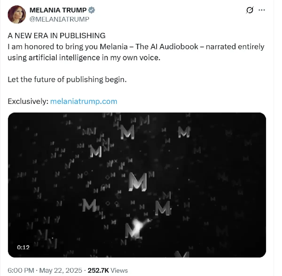 "เมลาเนีย ทรัมป์" เปิดตัวหนังสือเสียง ใช้ AI พากย์ทั้งเล่ม!