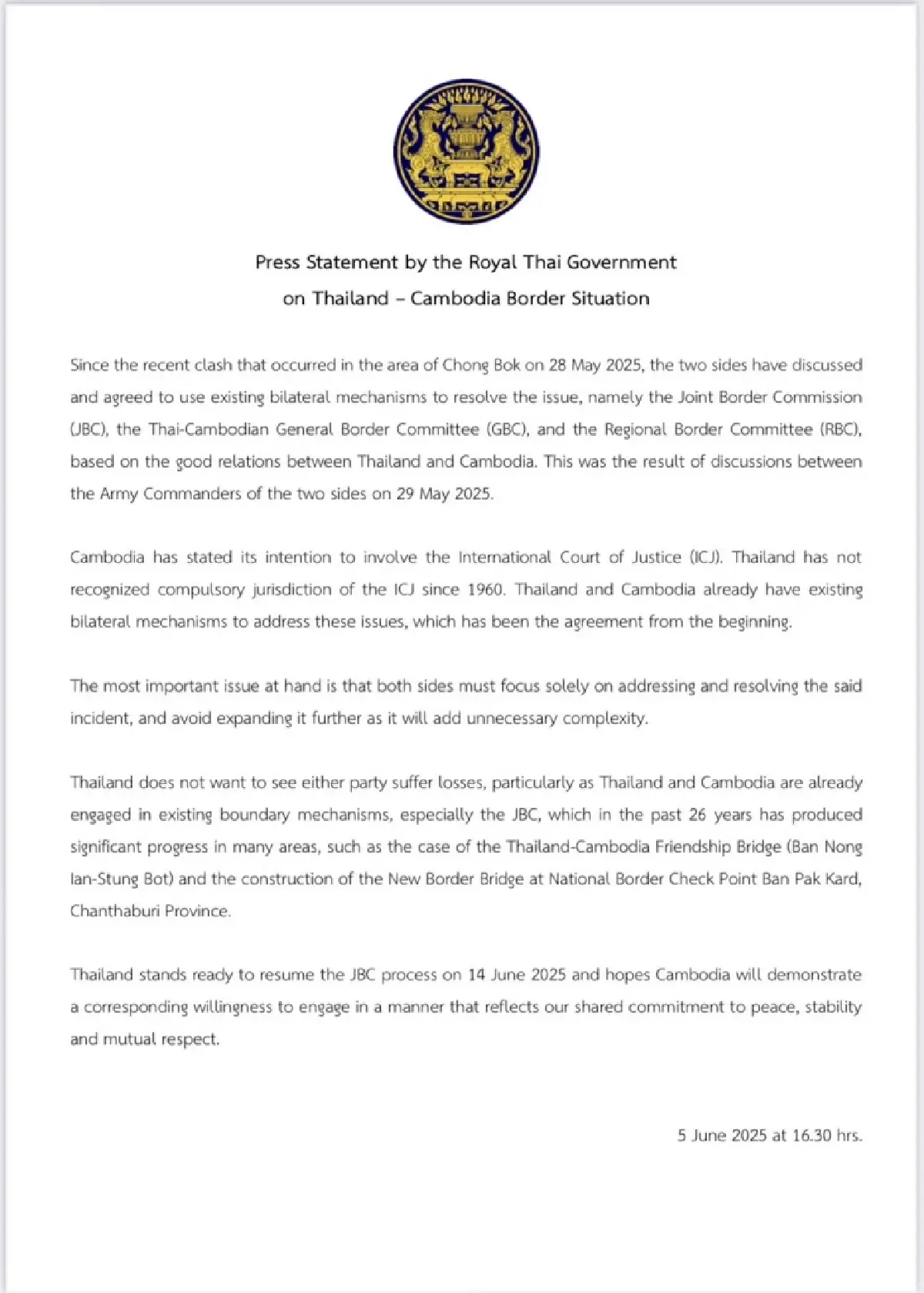 แถลงการณ์ไทยไม่ยอมรับเขตอำนาจศาลโลก ขอใช้ JBC แก้ปมกัมพูชา