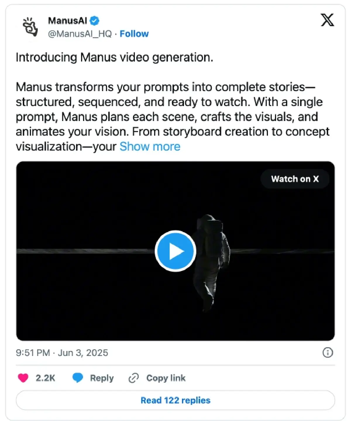 ไม่น้อยหน้า! Manus AI โชว์ของ ปล่อยฟีเจอร์สร้างวิดีโอจากข้อความ