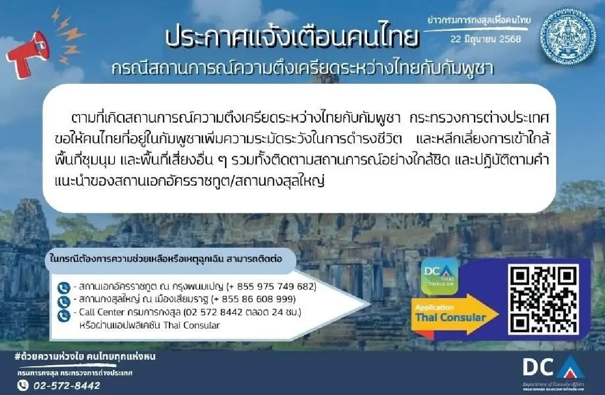 ตึงเครียด! กต.เตือนคนไทยในกัมพูชาเพิ่มความระวังการใช้ชีวิต