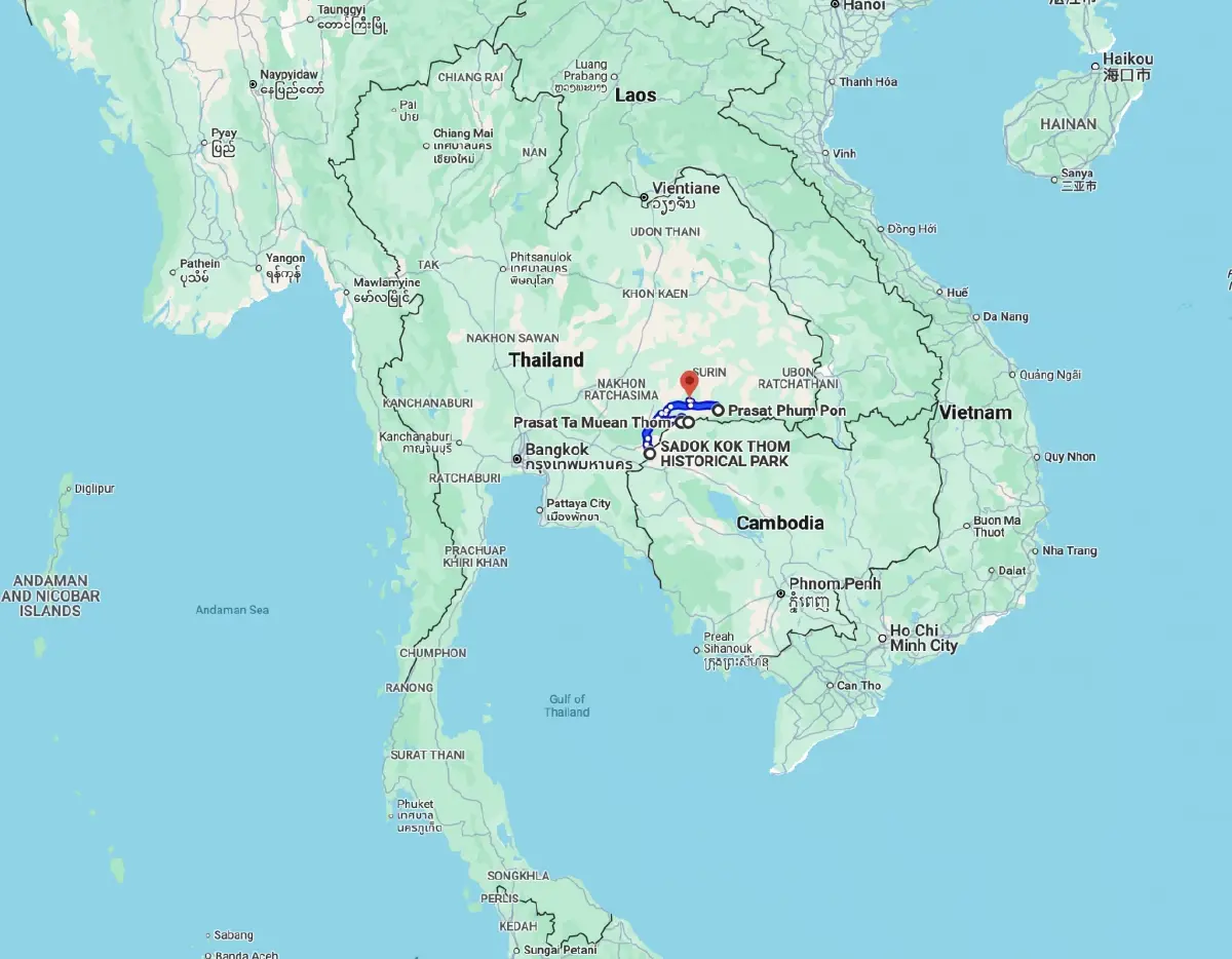 แผนที่แสดงบริเวณของปราสาทศิลปะขอมโบราณบริเวณชายแดนไทย-กัมพูชา