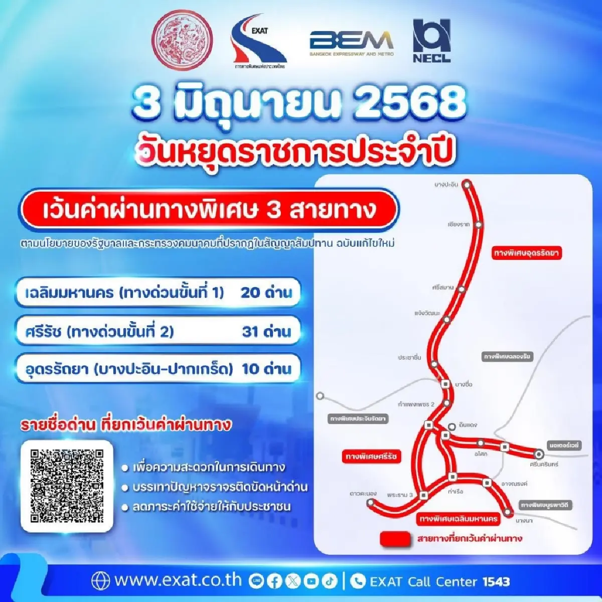 ขึ้นทางด่วนฟรี! กทพ. ยกเว้นค่าผ่านทางพิเศษ 3 สายทาง 3 มิ.ย.นี้