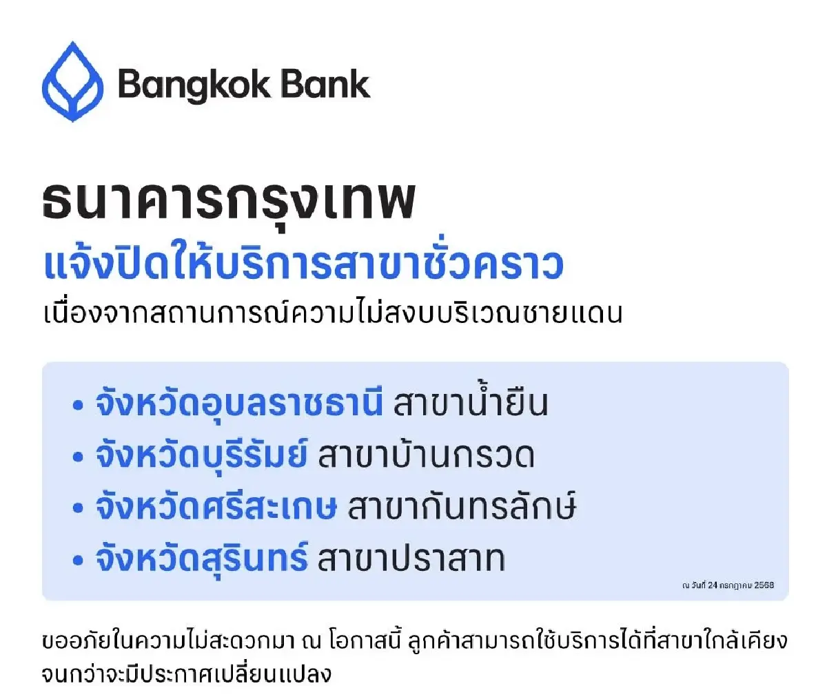 ธนาคารปิดสาขาชายแดนชั่วคราว-นำพนักงานแบงก์ในกัมพูชากลับไทย