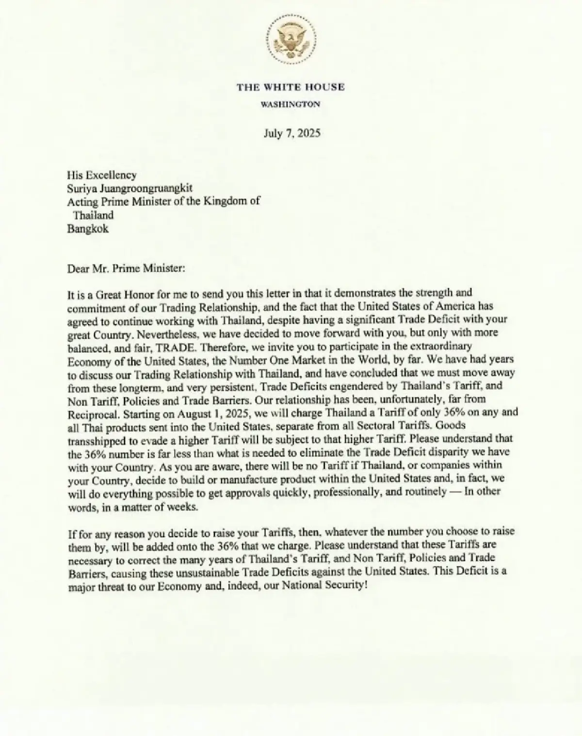 เปิดจดหมายทรัมป์ถึงไทย ยันเก็บภาษี 36% มีผล 1 สิงหาคมนี้