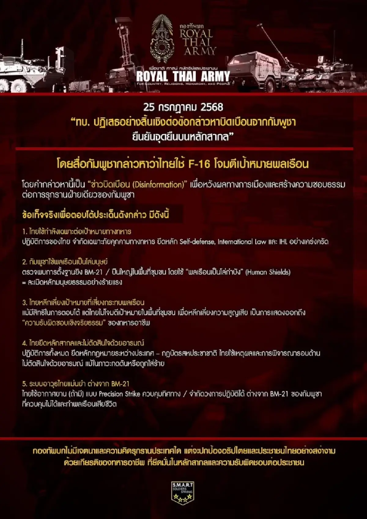 ทบ.ปฎิเสธข่าวบิดเบือน กล่าวหาไทยใช้ F-16 โจมตีเป้าหมายพลเรือน