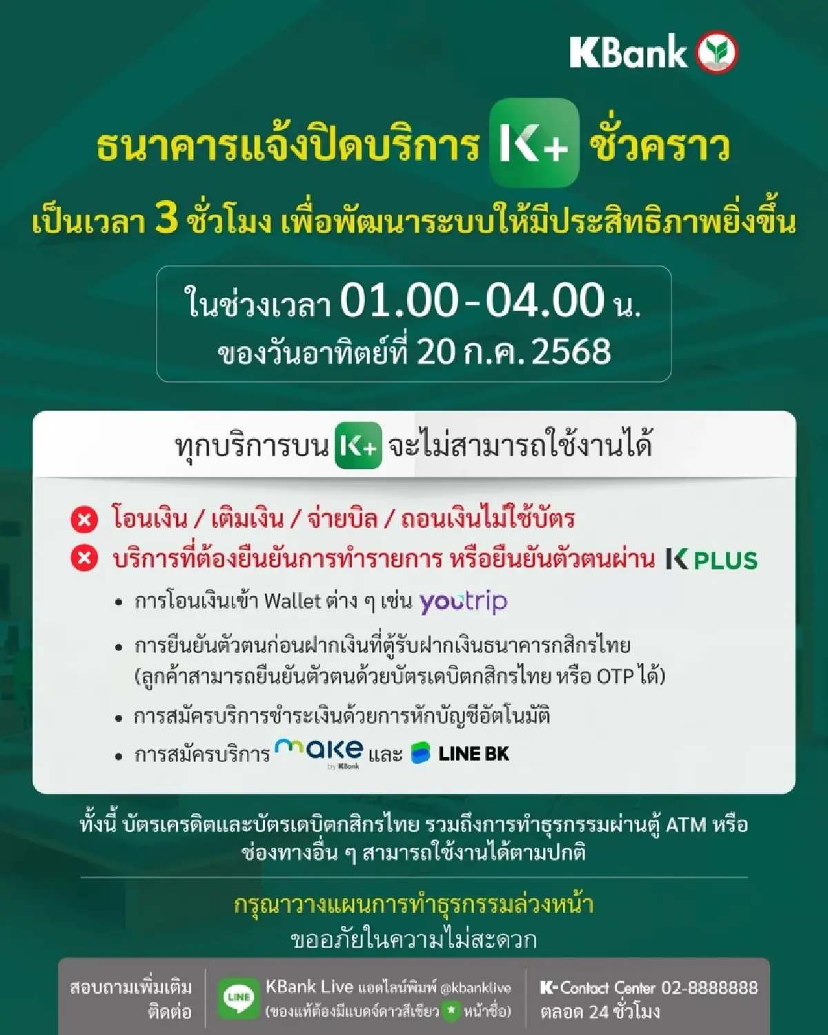 KBANK ปิดพัฒนาระบบ K PLUS ชั่วคราว 20 ก.ค.นี้ เวลา 01.00-04.00 น.