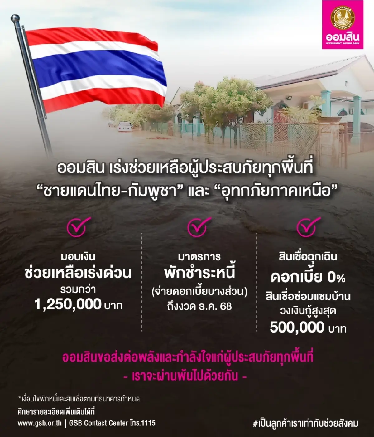 ออมสิน เร่งช่วยผู้ได้รับผลกระทบเหตุปะทะชายแดน 4 จ.-น้ำท่วมภาคเหนือ