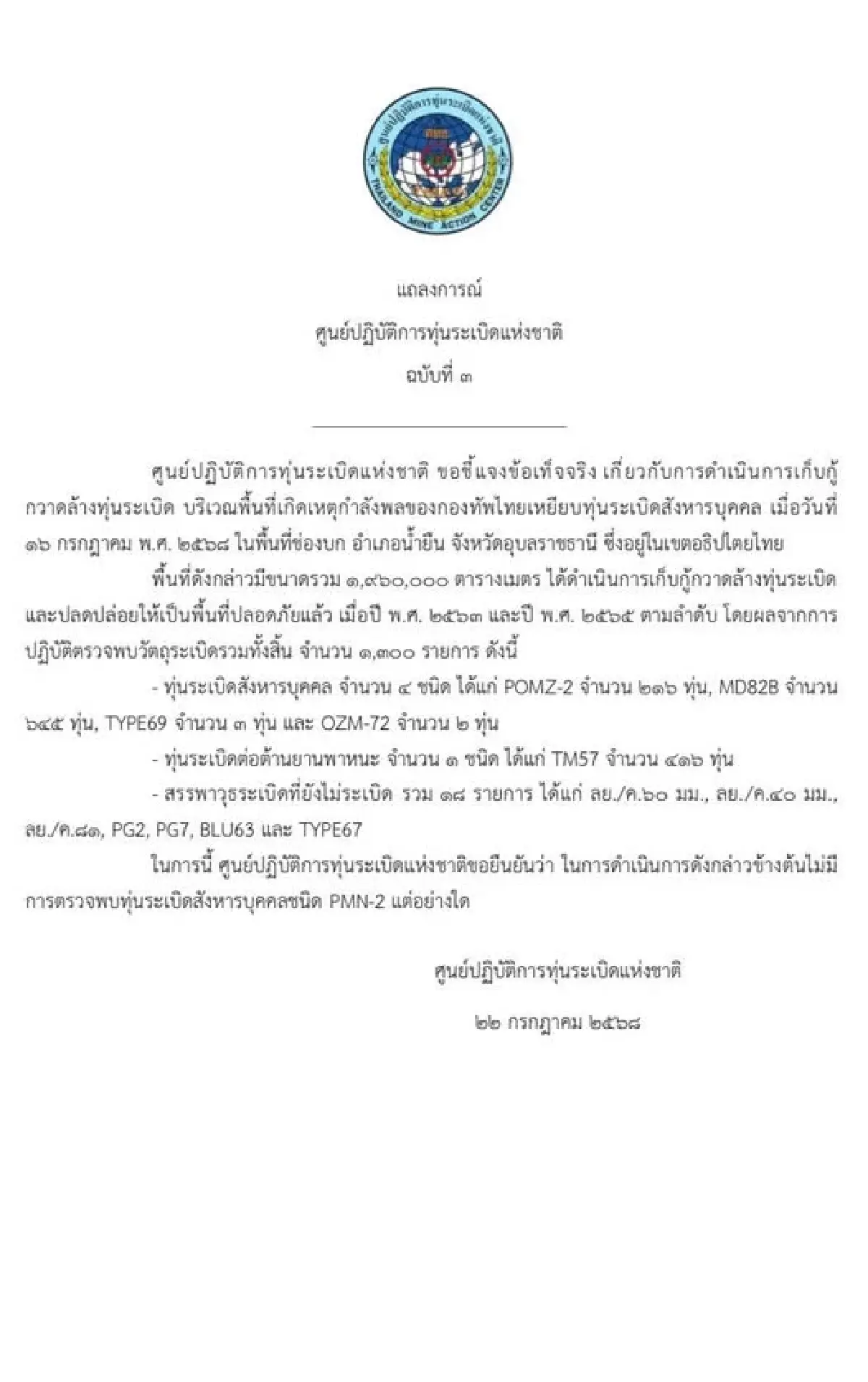 ศูนย์ปฏิบัติการทุ่นระเบิดยันไม่เคยพบกับระเบิด PMN-2 ในพื้นที่