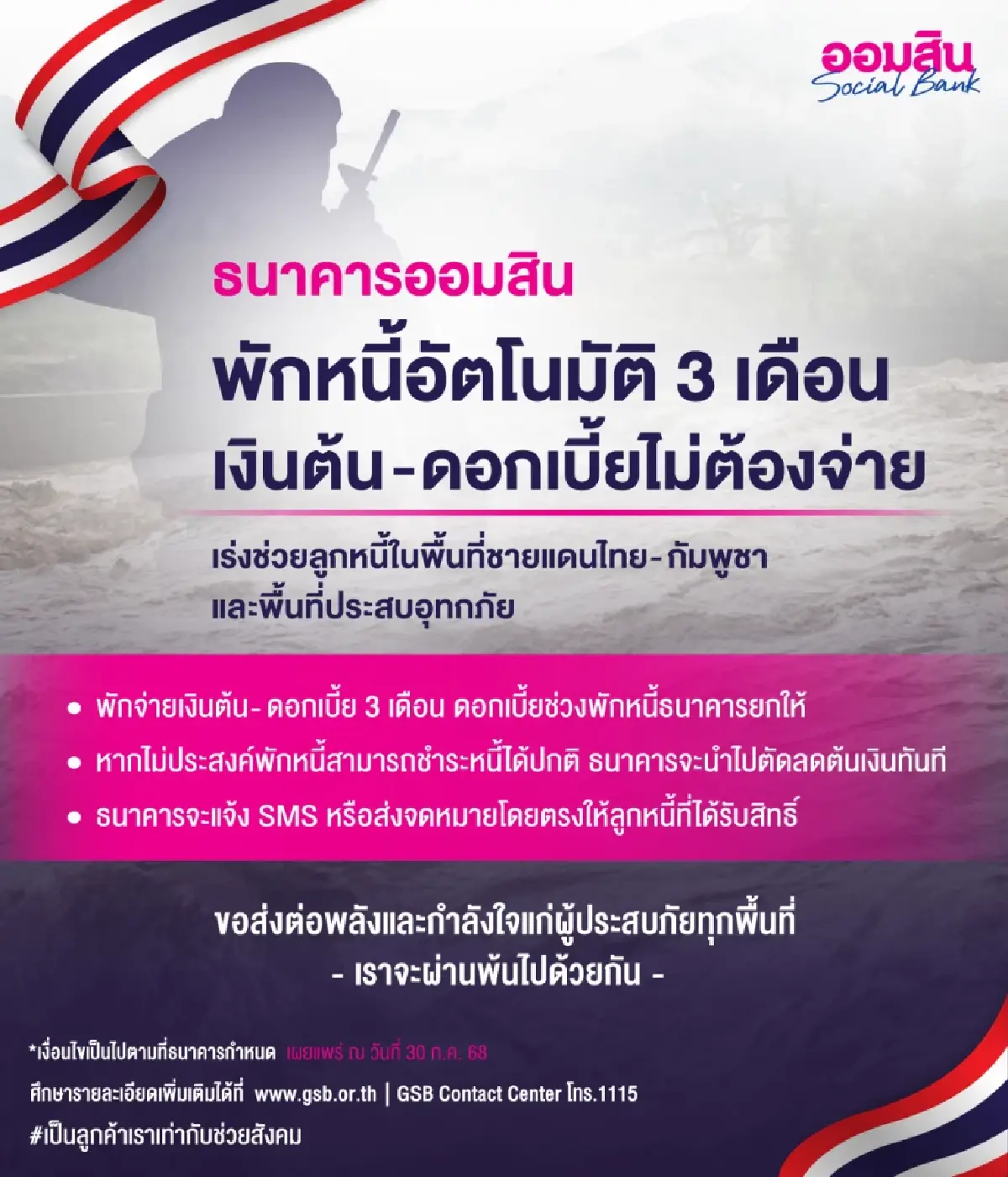 ออมสิน "พักหนี้อัตโนมัติ-ไม่คิดดอกเบี้ย" ช่วยลูกหนี้ชายแดน-น้ำท่วม