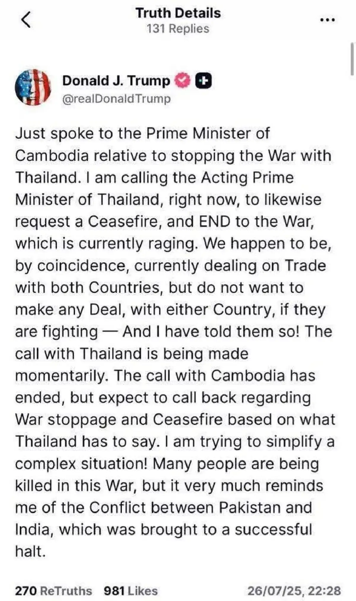 ทรัมป์ขู่ไม่เจรจาเรื่องภาษี หากไทย-กัมพูชาไม่หยุดยิง