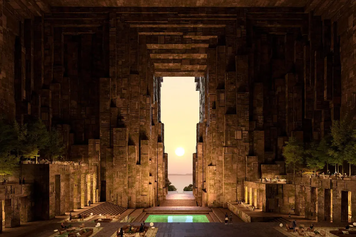 บริเวณทางเข้าสุดอลังการ ปราการหินผาตามธรณมชาติกับสถาปัตยกรรมการออกแบบของมนุษย์ / ภาพ www.neom.com