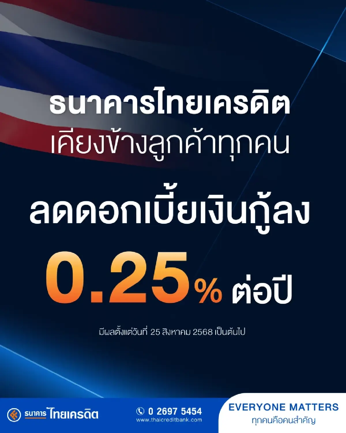ธนาคารไทยเครดิต เคียงข้างลูกค้าทุกคน ปรับลดอัตราดอกเบี้ยเงินกู้ลง 0.25% ต่อปี