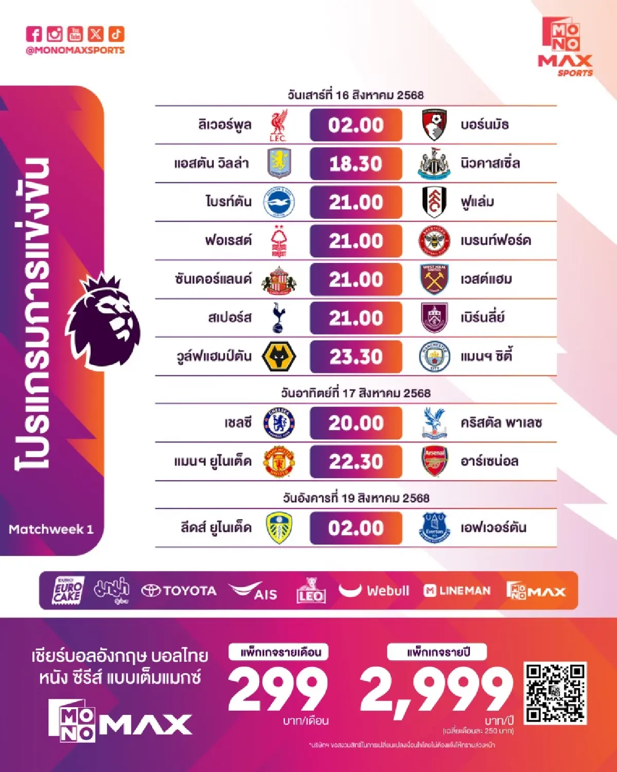 พรีเมียร์ลีกมาแล้ว ฤดูกาล 2025/26 เปิดหัวสุดซี้ด บิ๊กแมตช์ แมนยู-อาร์เซน่อล “Monomax” ยิงสด