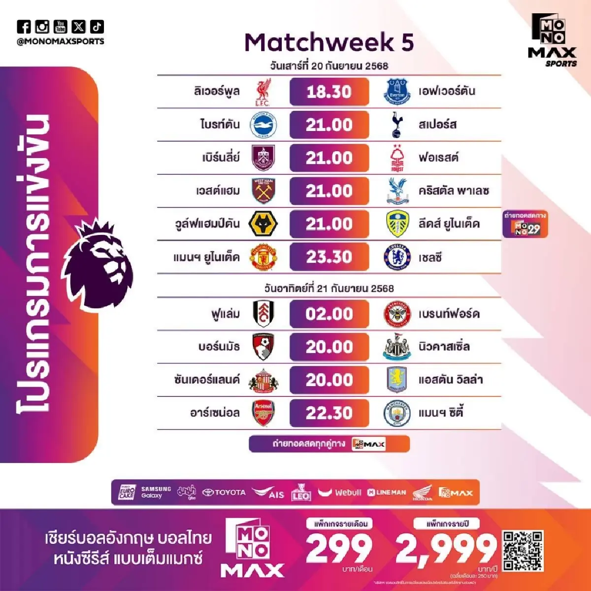 ศึกพรีเมียร์ลีกเดือด! ลิเวอร์พูลปะทะเอฟเวอร์ตัน แมนยูฯ ดวลเชลซี