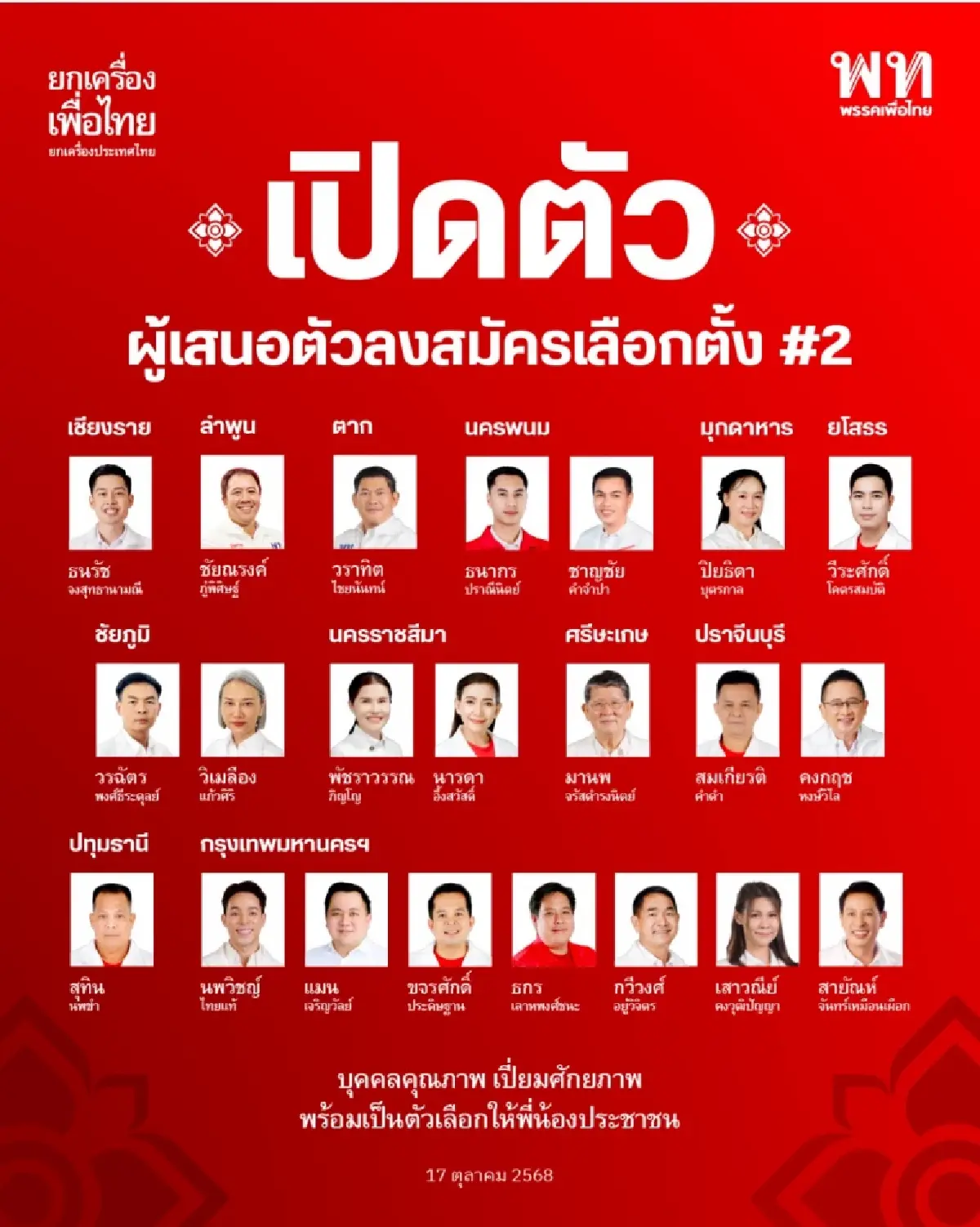 เปิดตัวผู้เสนอตัวสมัครเลือกตั้ง "สส.เพื่อไทย" เลือดใหม่ 12 จ. 22 คน