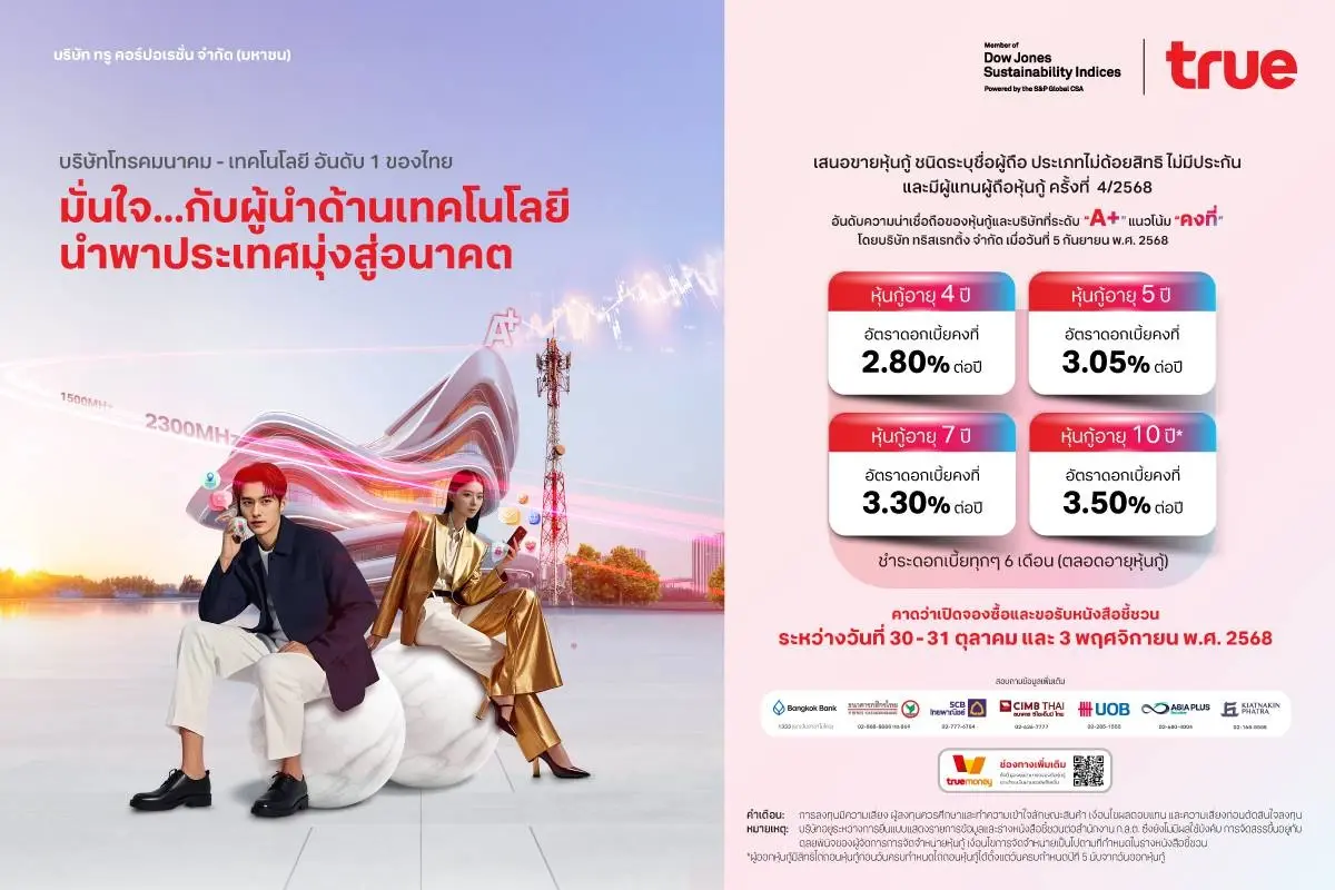 ทรู คอร์ปอเรชั่น เคาะดอกเบี้ยหุ้นกู้ชุดใหม่ อายุ 4 - 10 ปี ผลตอบแทนคงที่สูงสุด 3.50% ต่อปี ตอบโจทย์การลงทุนที่มั่นคง รับเทรนด์ดอกเบี้ยขาลง