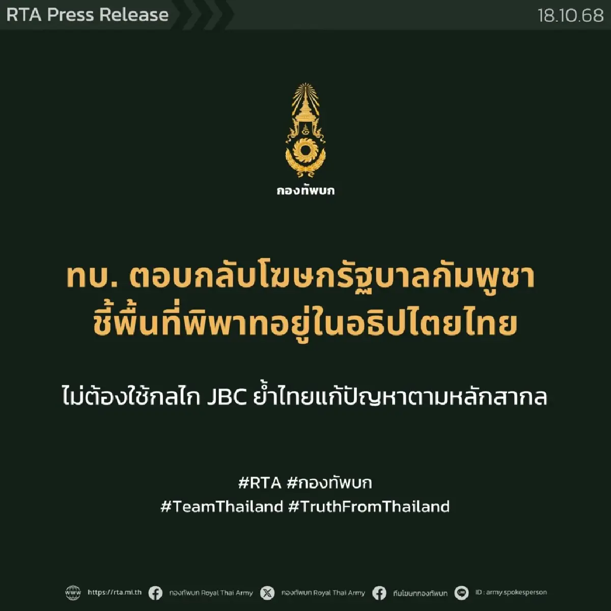 กองทัพบก โต้ กัมพูชา "พื้นที่พิพาท" อยู่เขตไทย ไม่ต้องใช้กลไก JBC