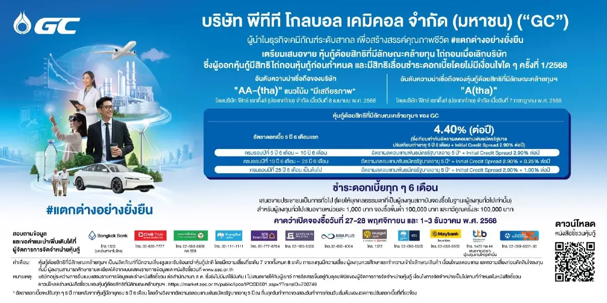 PTTGC เคาะดอกเบี้ยหุ้นกู้ 5 ปี 6 เดือนแรก 4.40% ต่อปี เสนอขาย 27 พ.ย.-3 ธ.ค.นี้
