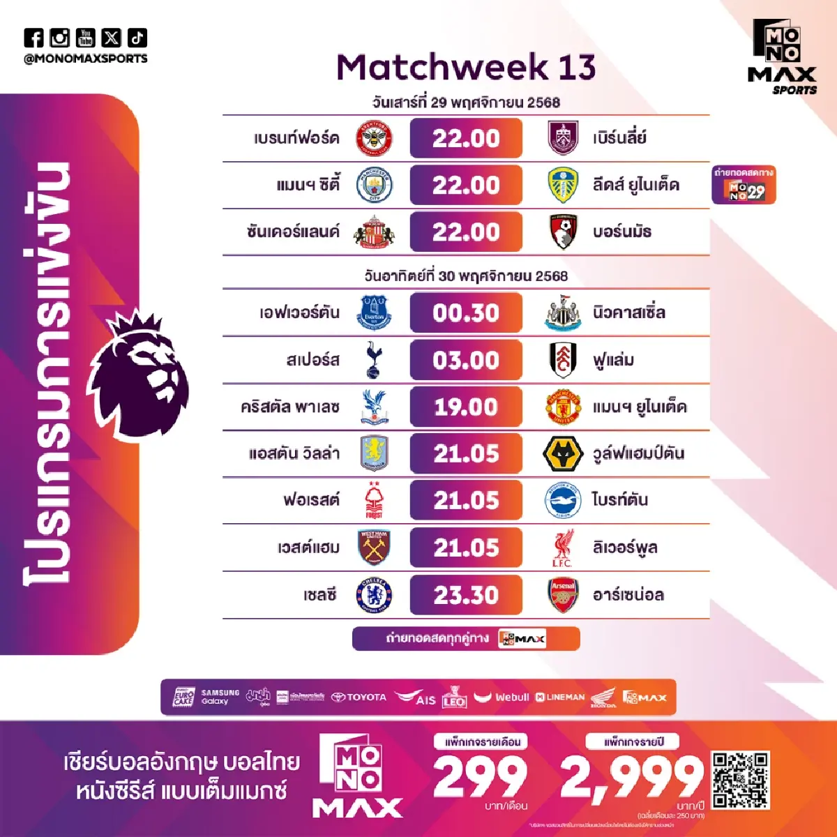 พรีเมียร์ลีกเดือดจัด! “Monomax” ยิงสดครบทุกคู่ บิ๊กแมตช์สิงห์บลูฟัดปืนใหญ่