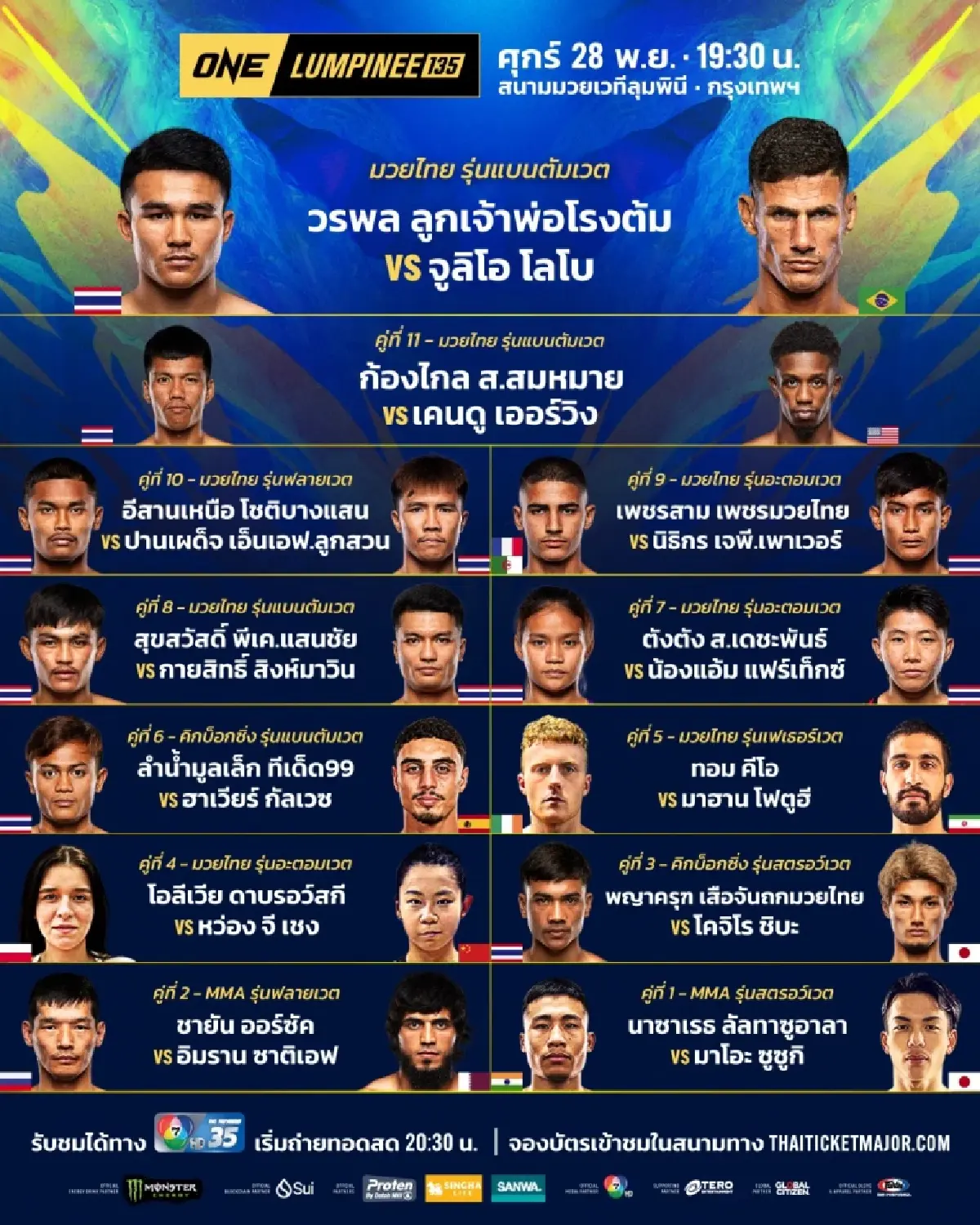 ถ่ายทอดสด มวยวัน ลุมพินี 135 ONE Championship วันนี้ 28 พ.ย.68