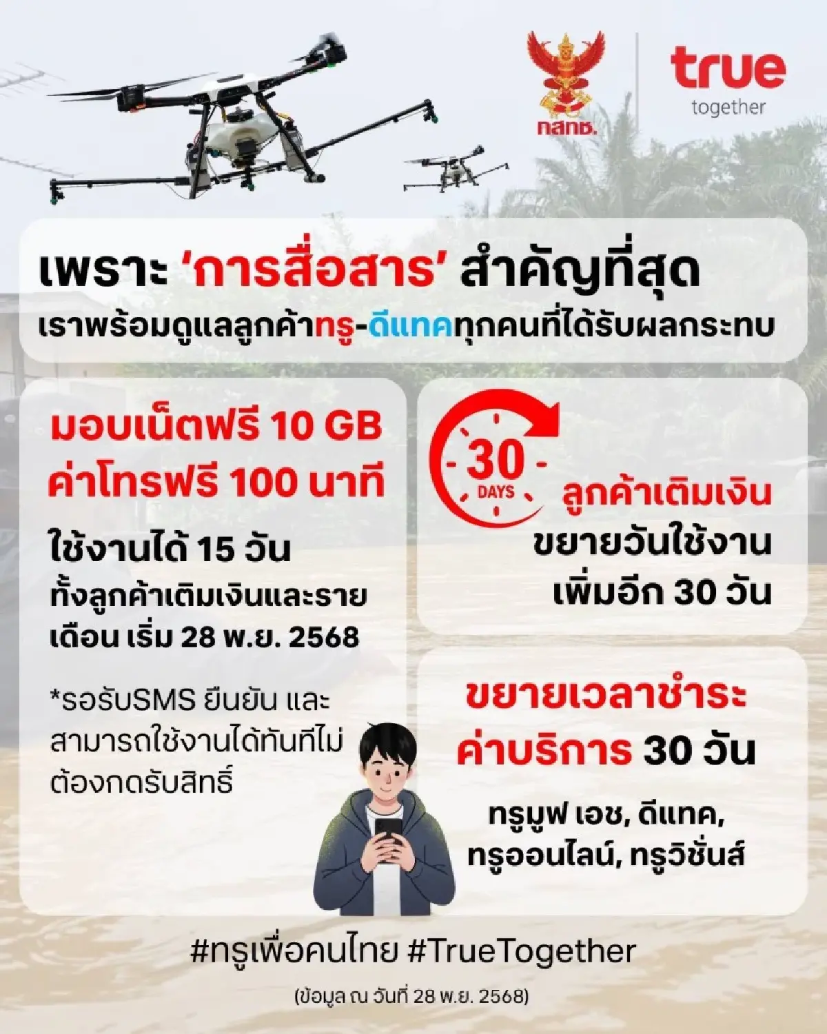 ทรู-ดีแทค จัดเต็ม! มอบเน็ตฟรี 10GB โทรฟรี 100 นาที ช่วยลูกค้าประสบภัยน้ำท่วมใต้