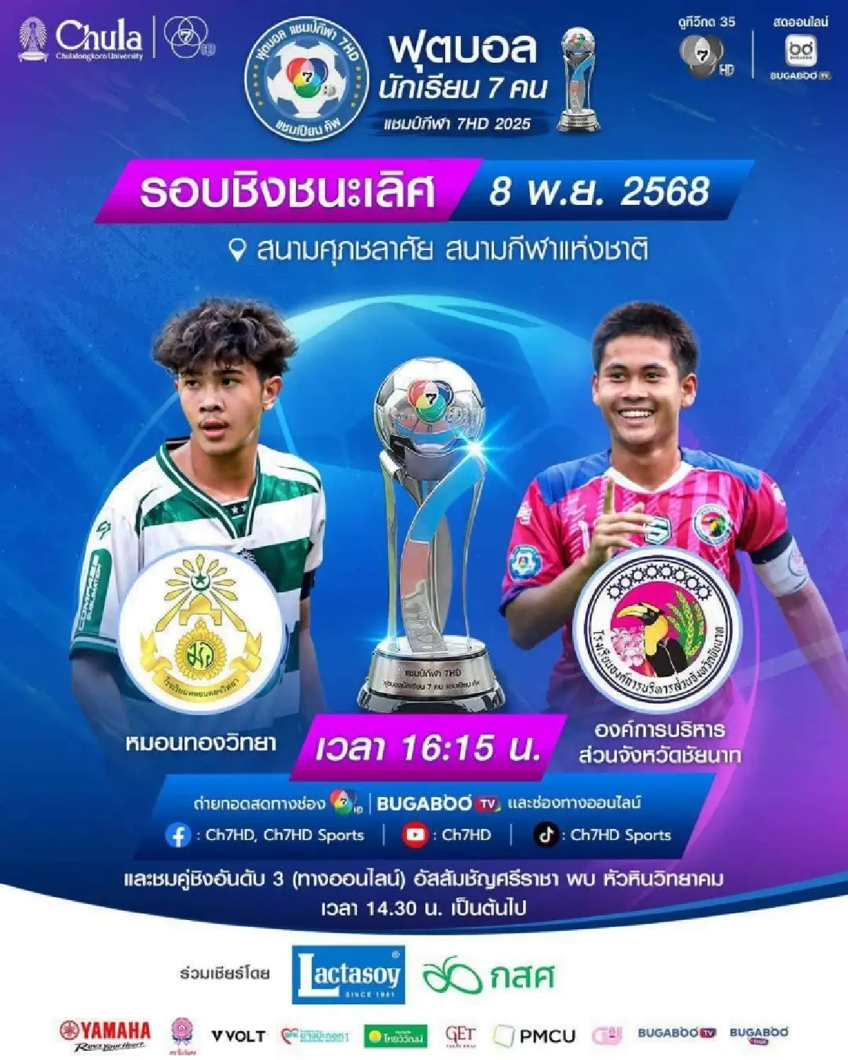 LIVE ถ่ายทอดสด ฟุตบอล 7 สี หมอนทองวิทยา พบ อบจ.ชัยนาท วันนี้ 8 พ.ย.68