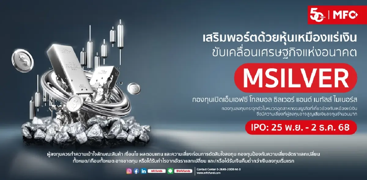 MFC เปิดตัวกองทุน “MSILVER” IPO 25 พ.ย.-2 ธ.ค. นี้ ลงทุนหุ้นเหมืองเงินโลหะทั่วโลก
