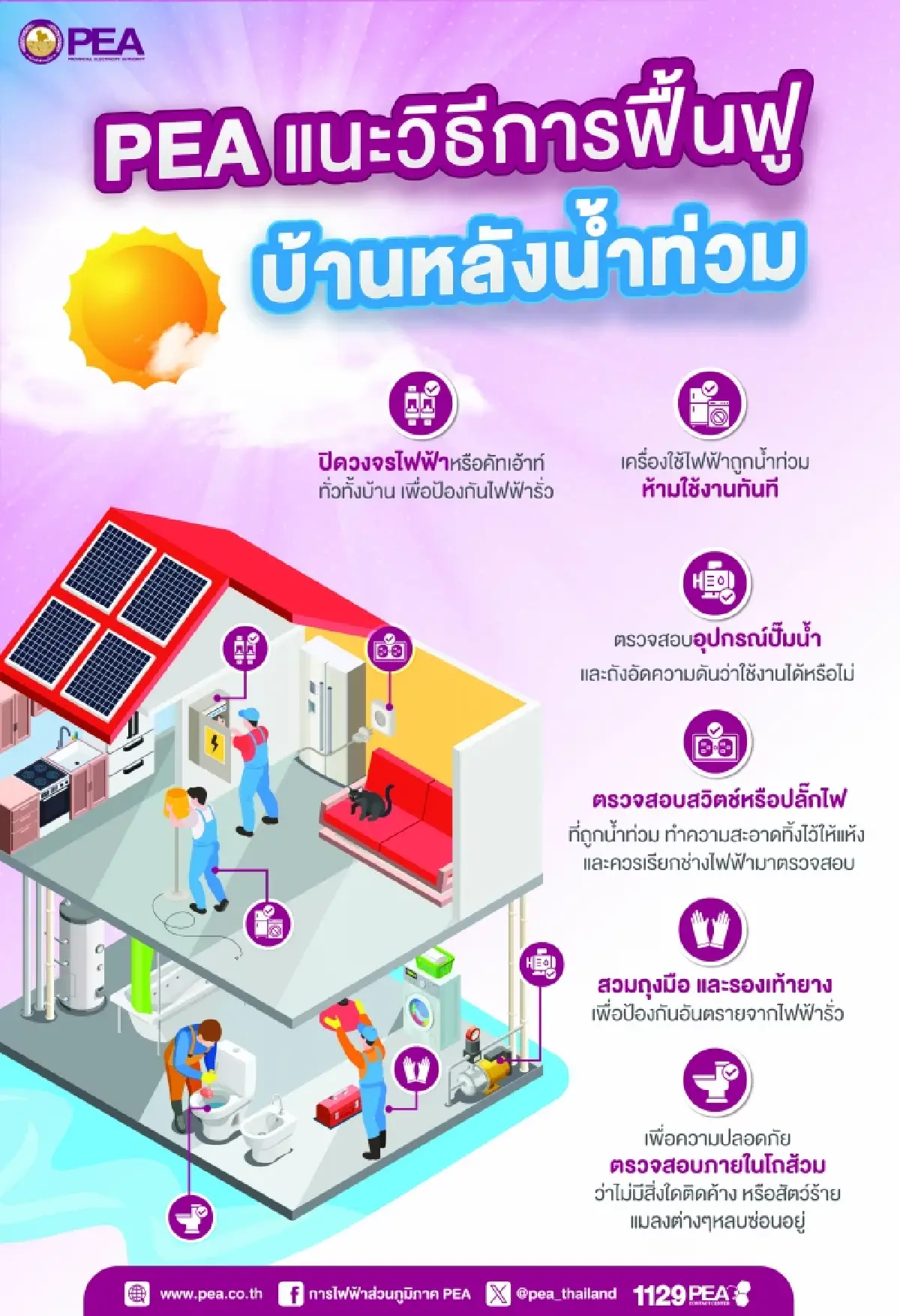 PEA ห่วงใย แนะวิธีเตรียมตัวเข้าบ้านหลังน้ำลด ตรวจสอบระบบไฟฟ้าอย่างปลอดภัย