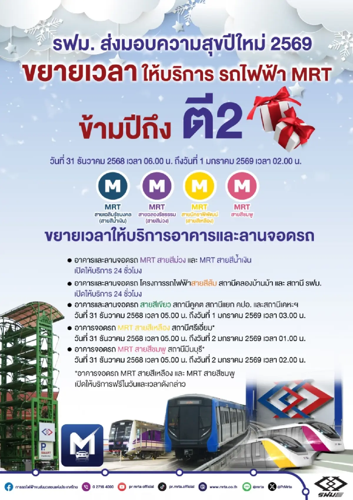 รฟม.มอบของขวัญปีใหม่ ขยายเวลาวิ่งรถไฟฟ้า 4 สายถึงตี 2 ฉลองปี 2569