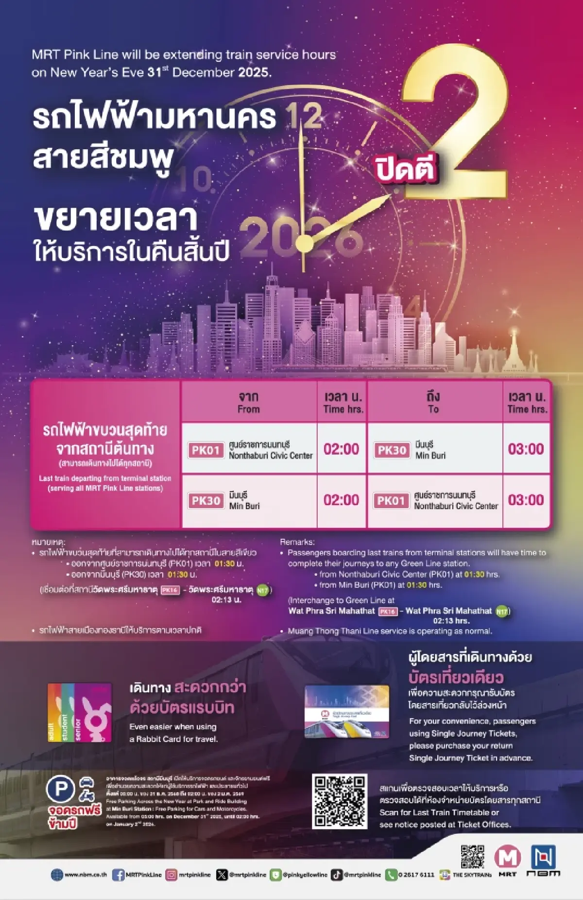 รฟม.มอบของขวัญปีใหม่ ขยายเวลาวิ่งรถไฟฟ้า 4 สายถึงตี 2 ฉลองปี 2569