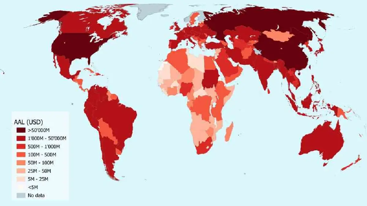 ภาพแสดงความสูญเสียทางเศรษฐกิจจากภัยพิบัติน้ำท่วมทั่วโลกจาก UNDRR