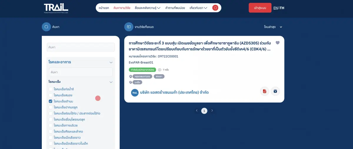 สามารถเลือกดูงานวิจัยตามโรคและอาการที่พบ ณ ปัจจุบันงานวิจัยส่วนใหญ่เกี่ยวข้องกับมะเร็ง