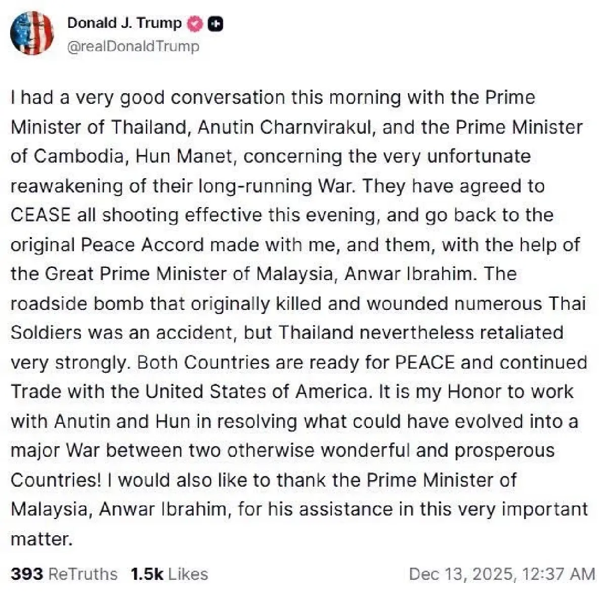 ทรัมป์โพสต์ ไทย-กัมพูชา ตกลงหยุดยิง หลังอนุทินยันปฏิบัติการทางทหารต่อ