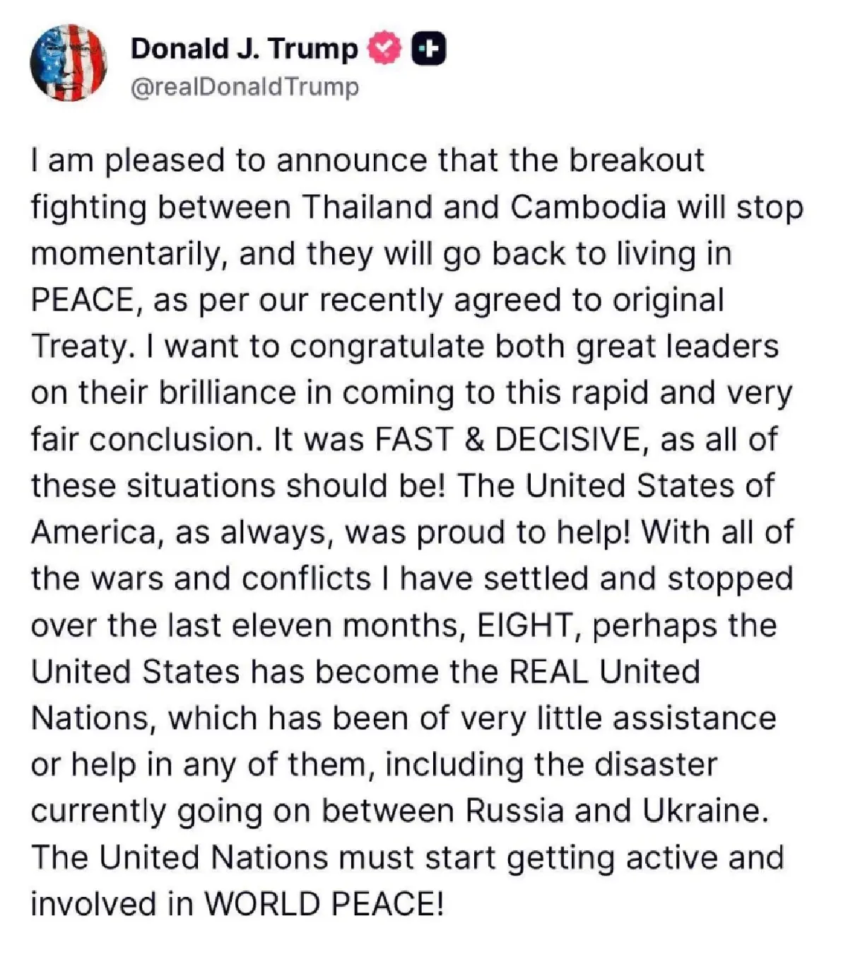 ทรัมป์แสดงความยินดี ไทย–กัมพูชาบรรลุข้อตกลงหยุดยิงชายแดน