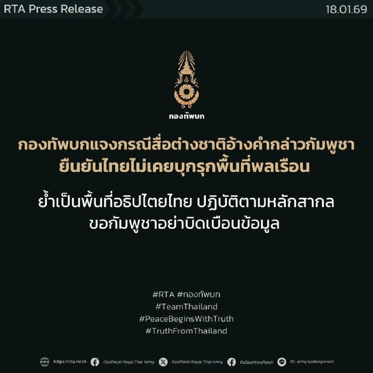 ทบ. โต้กัมพูชา ยันไม่ได้รุกรานพลเรือน ชี้เป็นเขตอธิปไตยไทย