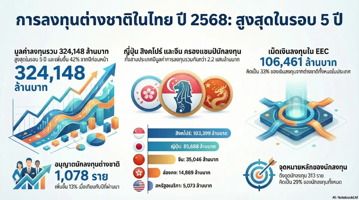 ต่างชาติแห่ลงทุนไทยปี 68 ทะลุ 3.2 แสนลบ. สูงสุดรอบ 5 ปี ญี่ปุ่น–สิงคโปร์ นำโด่ง