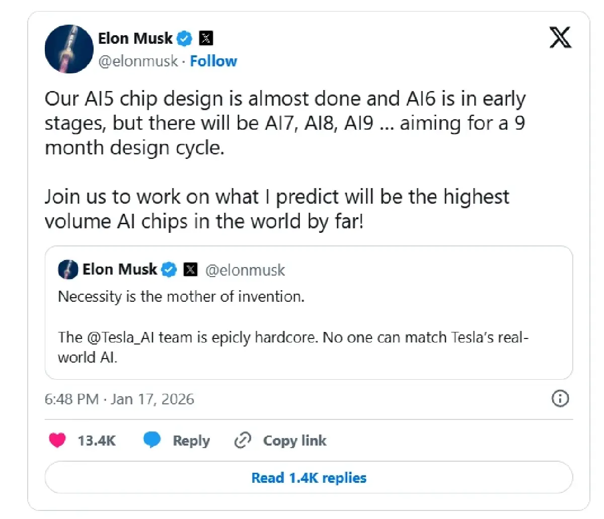 มัสก์เผย Tesla AI5 ใกล้เสร็จสมบูรณ์ ตั้งเป้าออกรุ่นใหม่ทุก 9 เดือน