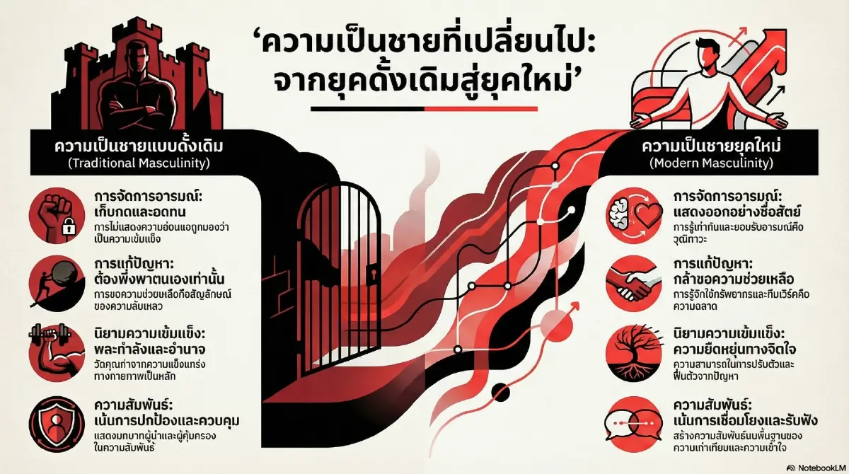 ตารางเปรียบเทียบแนวคิดระหว่างผู้ชายแบบดั้งเดิมและผู้ชายยุคใหม่