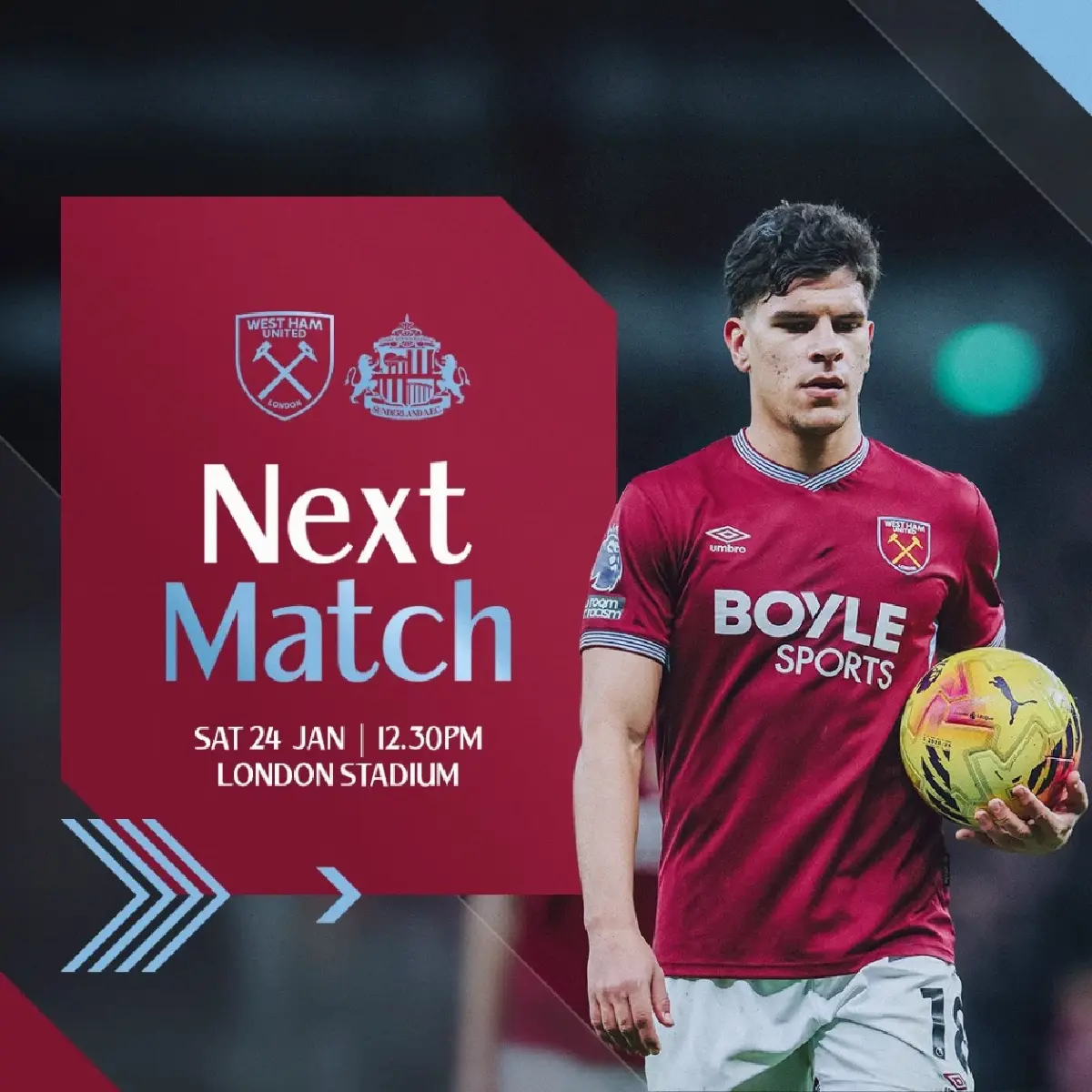 ถ่ายทอดสด เวสต์แฮม พบ ซันเดอร์แลนด์ พรีเมียร์ลีก วันนี้ 24 ม.ค.69