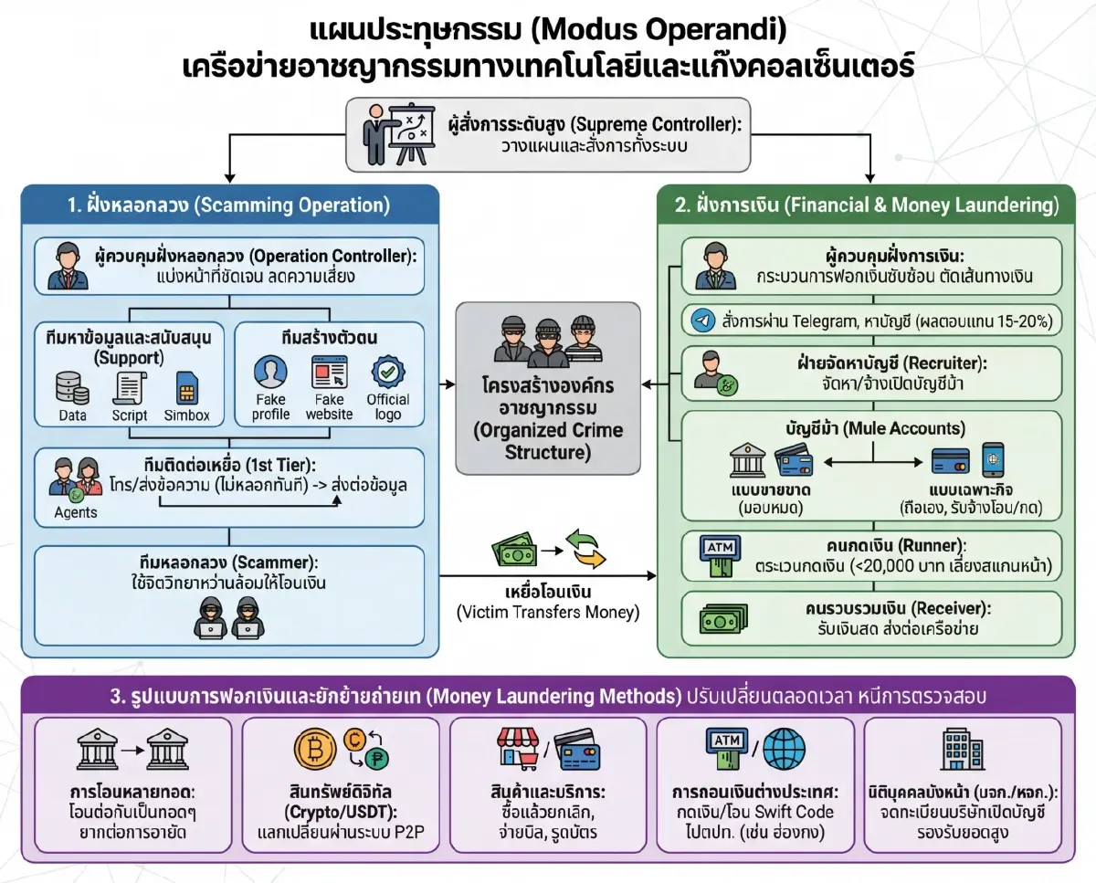  เปิดโครงสร้าง "แก๊งคอลเซ็นเตอร์" แยกสาย โทรหลอก-ฟอกเงิน เลี่ยงจับกุม