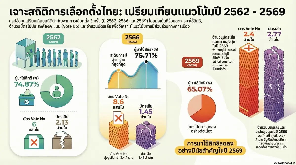 เทียบสถิติ 3 ศึกเลือกตั้ง: ปี 69 คนใช้สิทธิวูบ 10% โหวตโนพุ่งทุบสถิติ