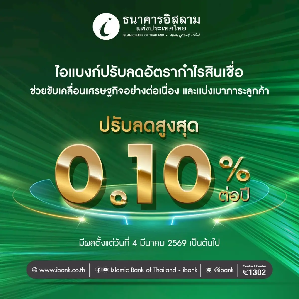 ไอแบงก์ ลดอัตรากำไรสินเชื่อสูงสุด 0.10% ตรึงผลตอบแทนเงินฝาก มีผล 4 มี.ค.69